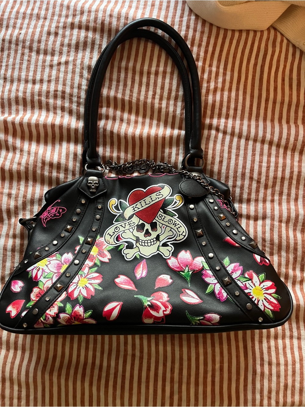 Ed Hardy - Black Floral Skull Accent Satchel - Love Kills Motif